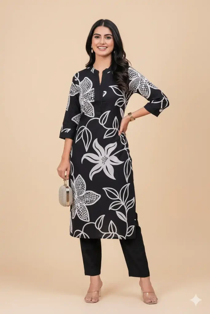A woman in a black and white pure cotton printed straight kurta set with palazzo pants stands smiling. The black ethnic wear features large white floral and leaf patterns. She holds a silver clutch and wears matching earrings.