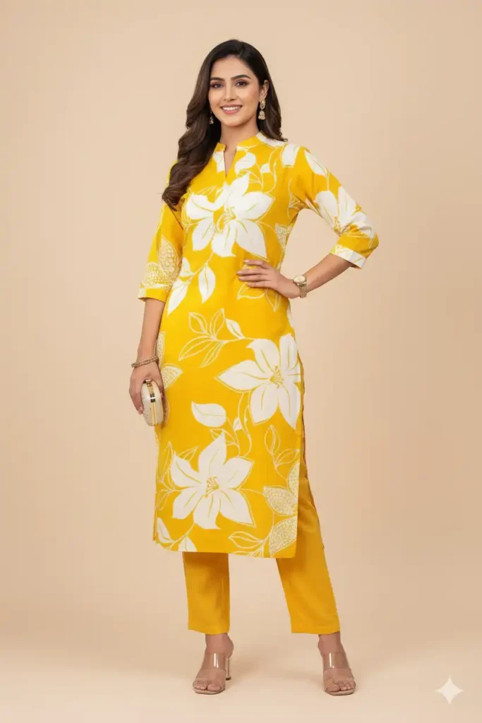 A woman models a bright yellow and white pure cotton printed straight kurta set. The comfortable ethnic wear has a vibrant floral print and is paired with matching yellow palazzo pants. She holds a gold clutch and poses gracefully.