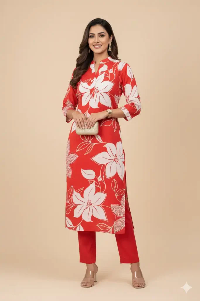 A woman is modeling a classic red pure cotton printed straight kurta set with palazzo pants. The ethnic wear has a prominent white floral pattern. She stands with a hand on her hip, holding a gold clutch, and smiles.