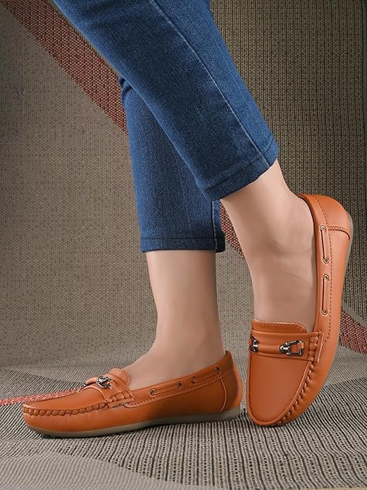 Tan women’s heeled loafers for office wear