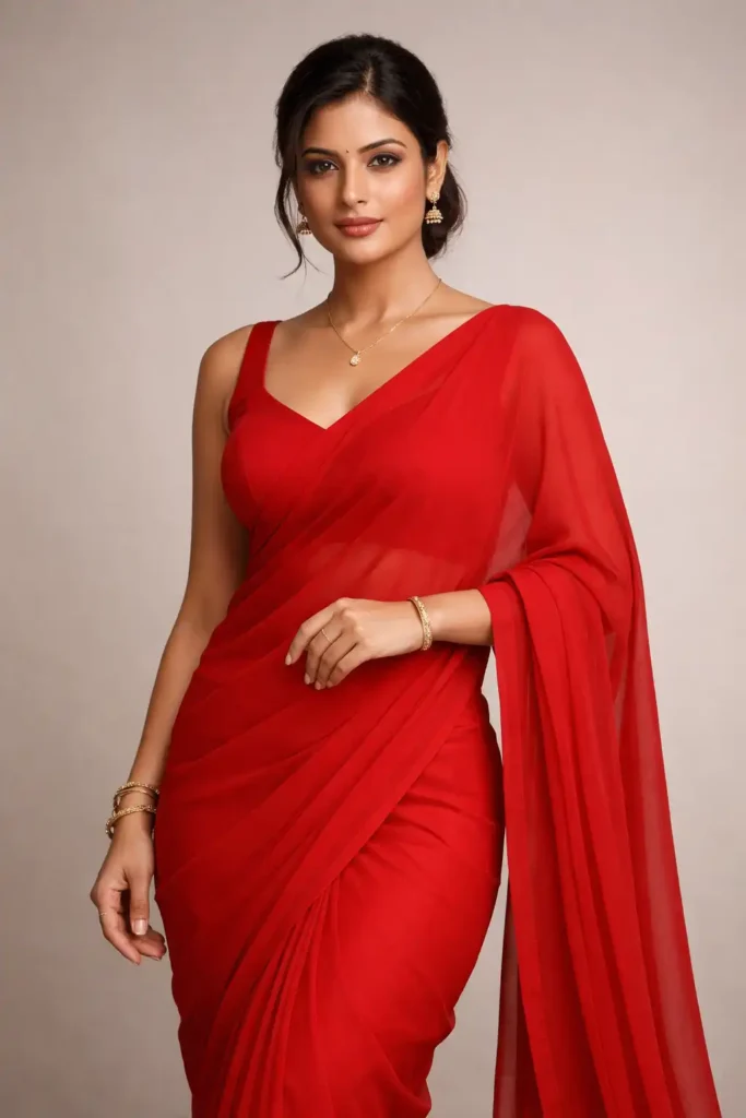 Plain red georgette saree with elegant drape and modern blouse styling for weddings