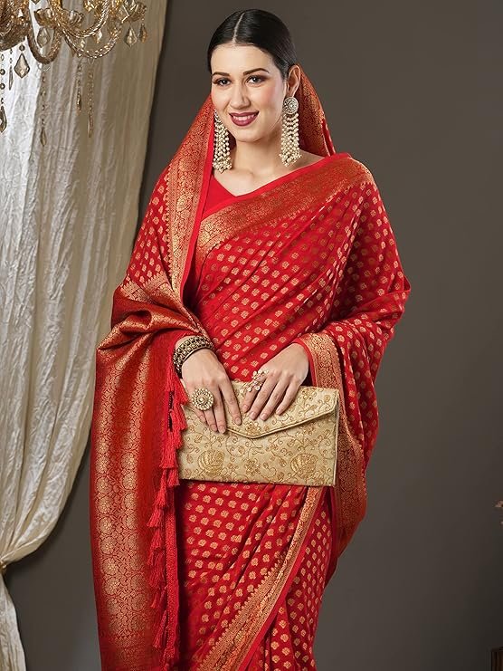 Flowing cherry red georgette saree for stylish parties