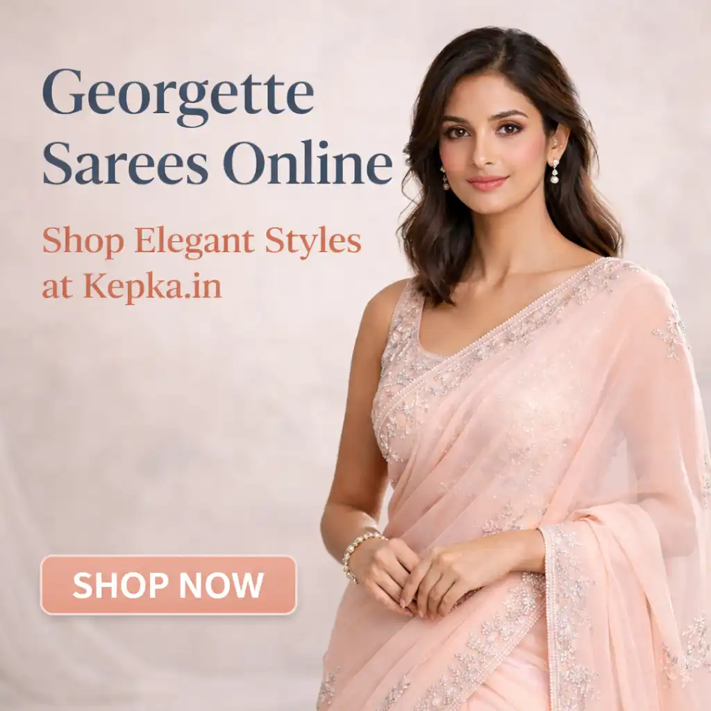 Elegant Indian woman wearing premium georgette saree online from Kepka