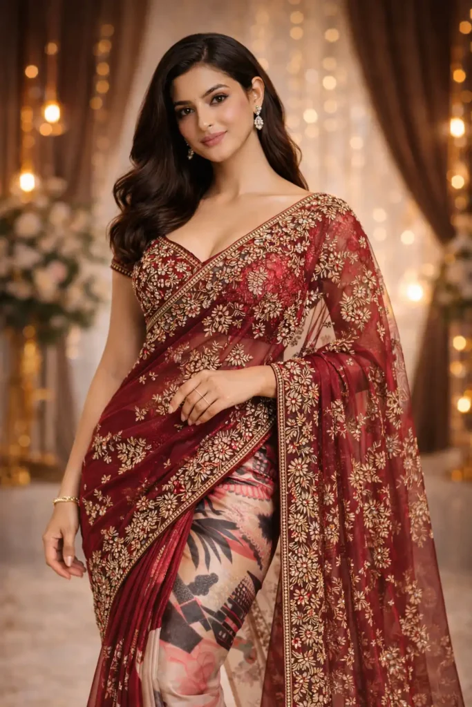 Embroidered party wear saree under ₹2000