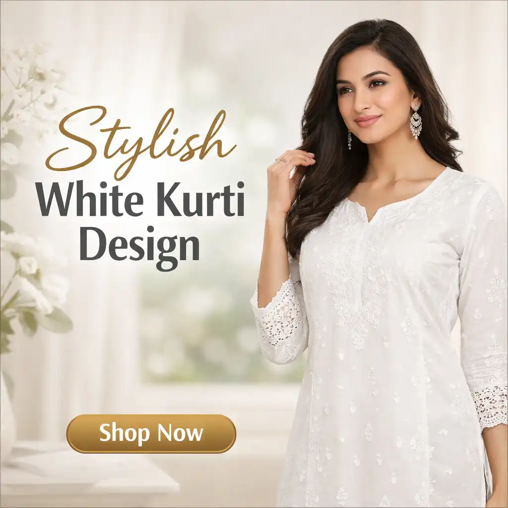 "Confident Indian woman wearing a stylish white kurti design with elegant embroidery, perfect for casual and festive occasions."