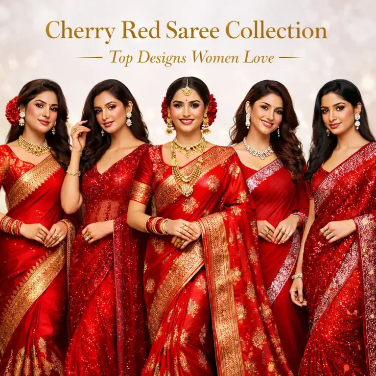 Vibrant cherry red saree collection with elegant embroidery and gold accents, featuring five Indian women