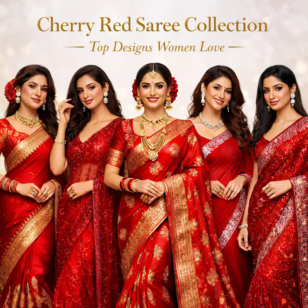 Vibrant cherry red saree collection with elegant embroidery and gold accents, featuring five Indian women