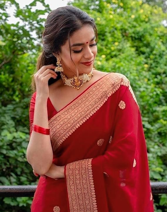 Luxurious cherry red Banarasi saree with intricate zari work