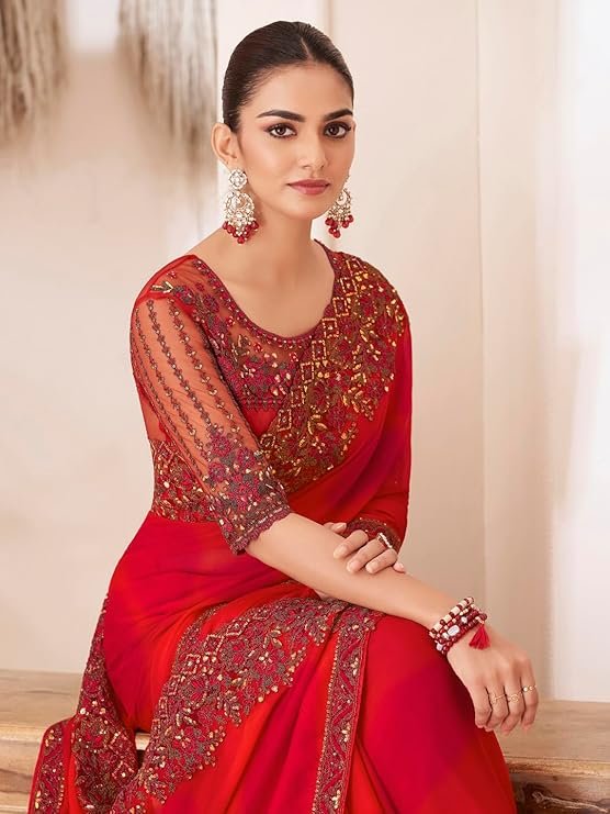 Airy cherry red chiffon saree with romantic appeal