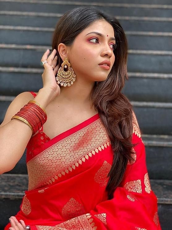 ALT Text: Trendy cherry red designer saree with embroidery and sequins