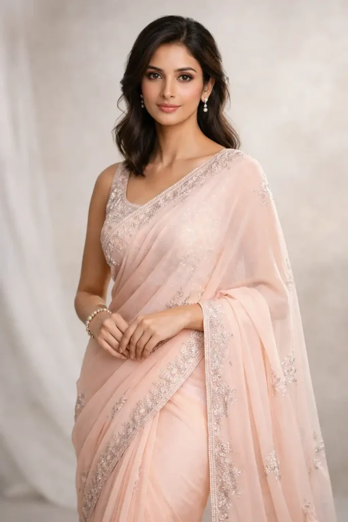 Woman wearing elegant pastel georgette saree online from Kepka